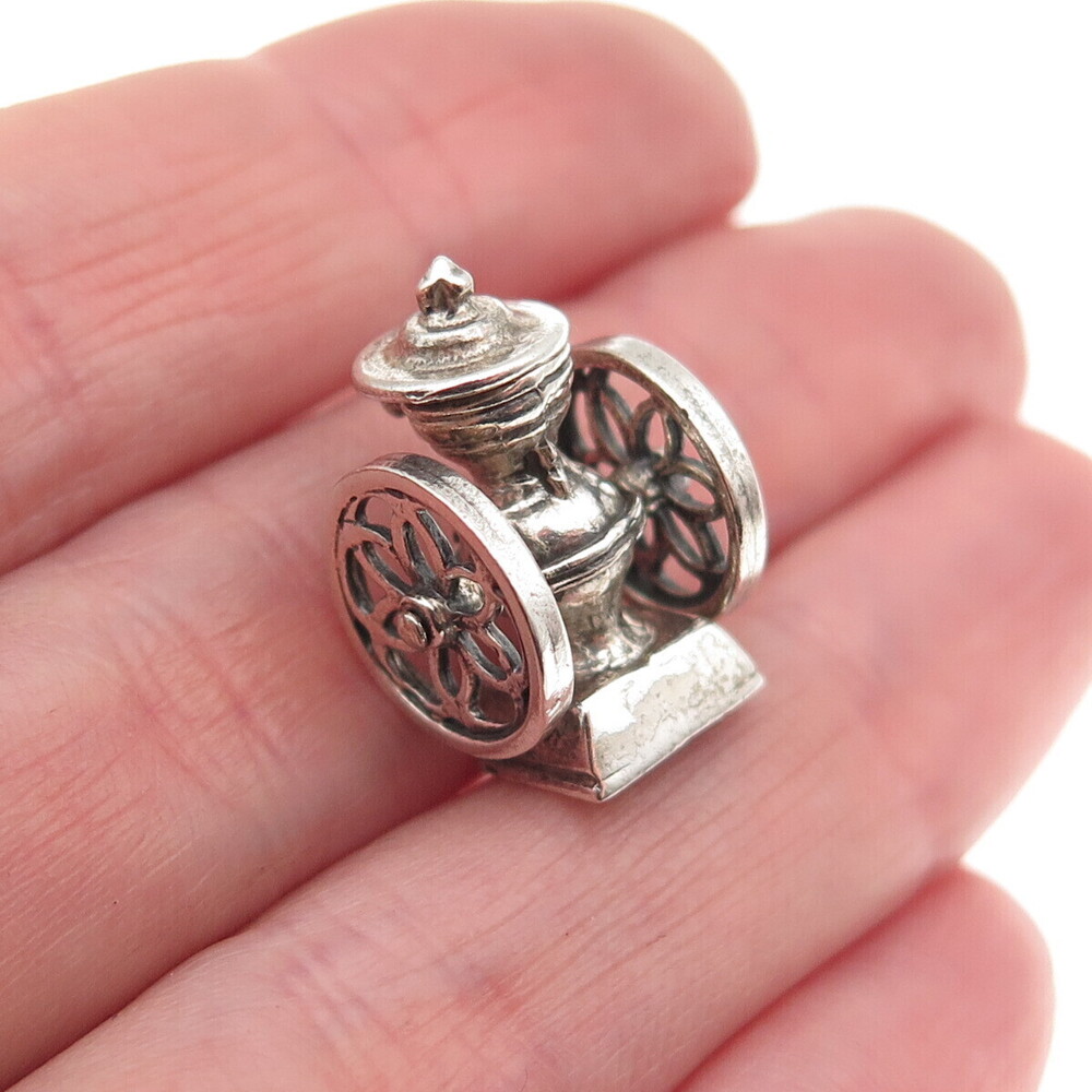 925 Sterling Silver Vintage Coffee Grinder Oxidized 3D Mini Open Charm Pendant